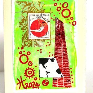 Collage Art Handmade Original Blank Greeting Card and Envelope Vtg Chad Stamp